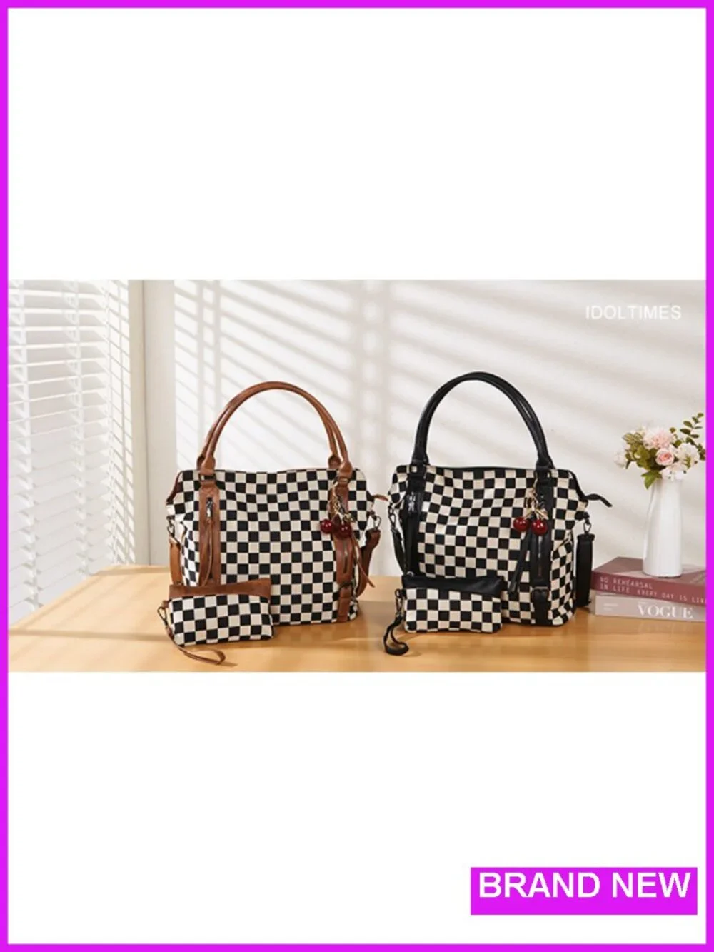 Vintage Checkered Crossbody Bag with Wallet and Cherry Charm